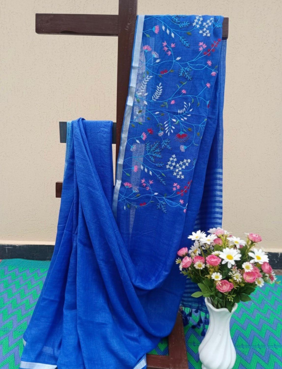 Floral Fantasy Pure Linen Saree - Cobalt Blue
