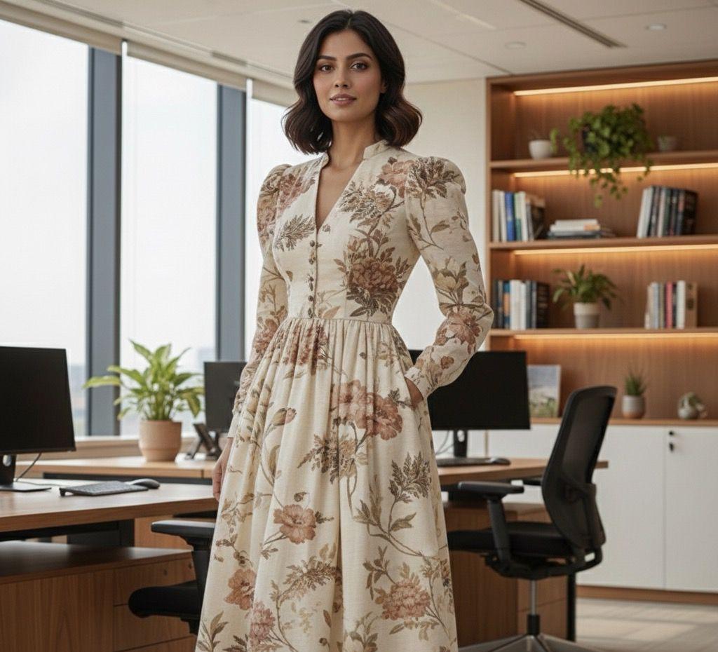 Vintage floral Pure linenMidi dress