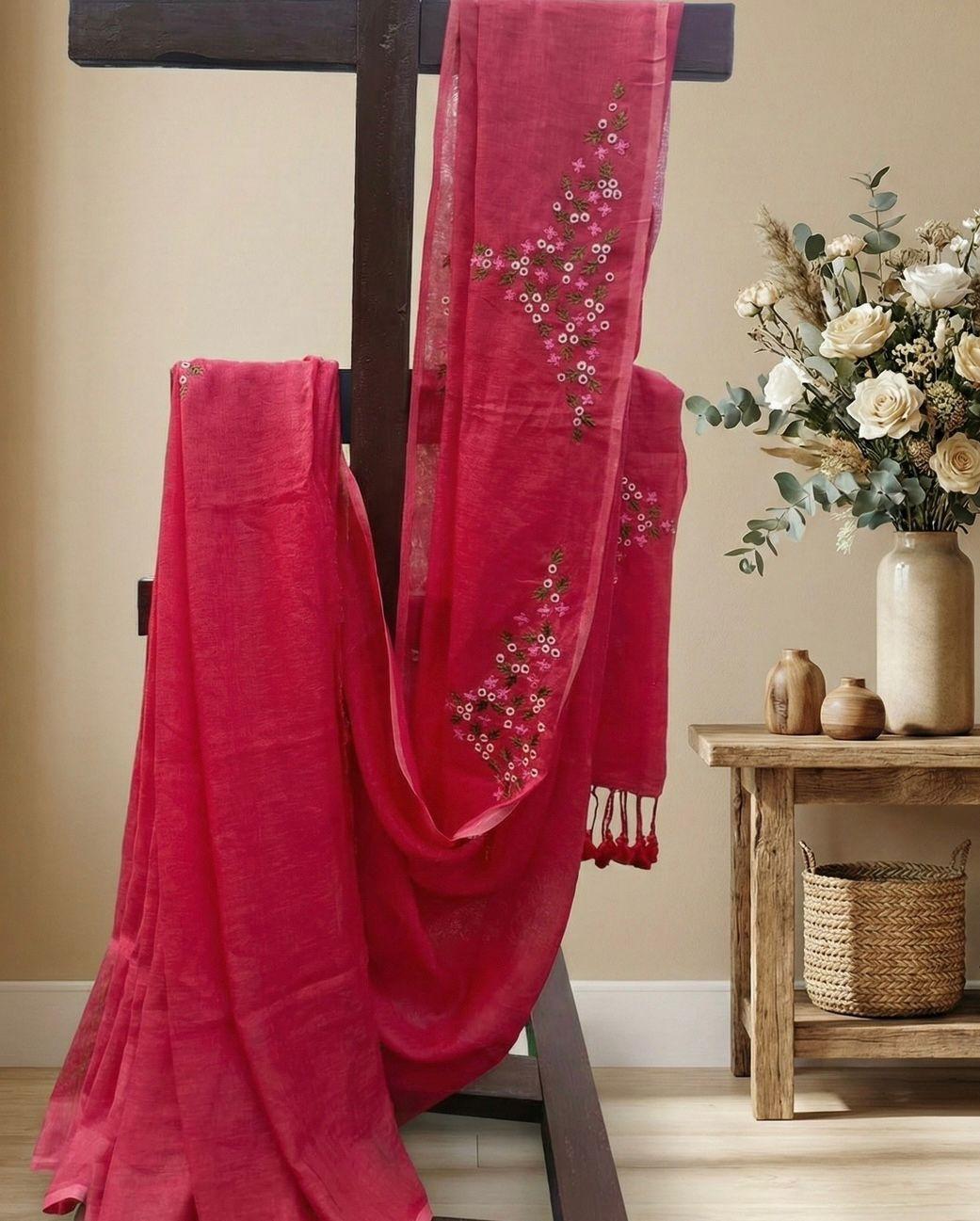 Statement Rani Pink Linen Saree with Clustered Floral Work