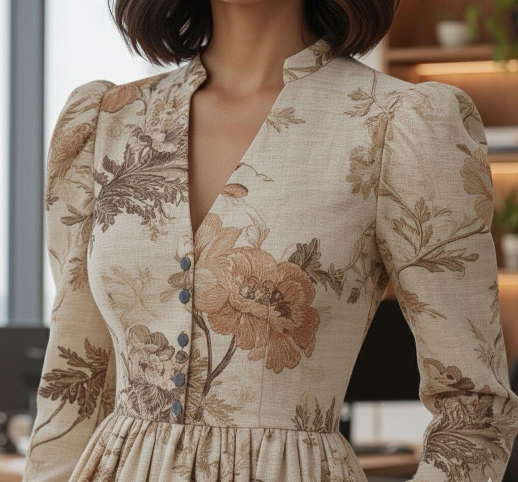 Vintage floral Pure linenMidi dress