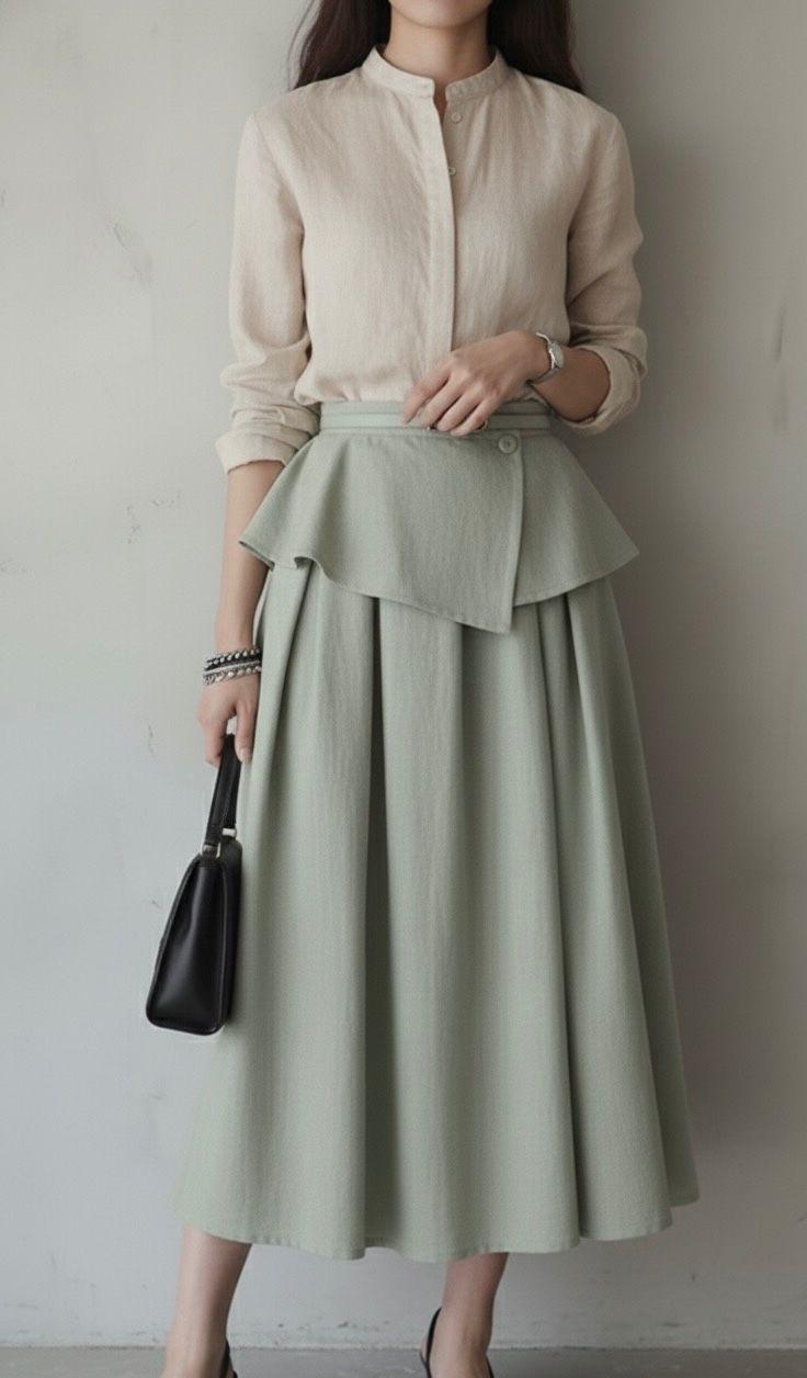 Mandarin Collar Top & Peplum Skirt Set - Beige Shirt & pastel sage green midi skirt.