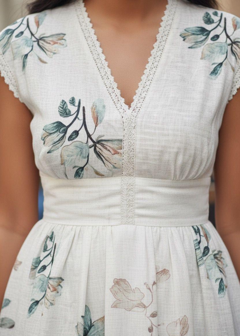 Pure linen Casual Date Floral Midi Dress