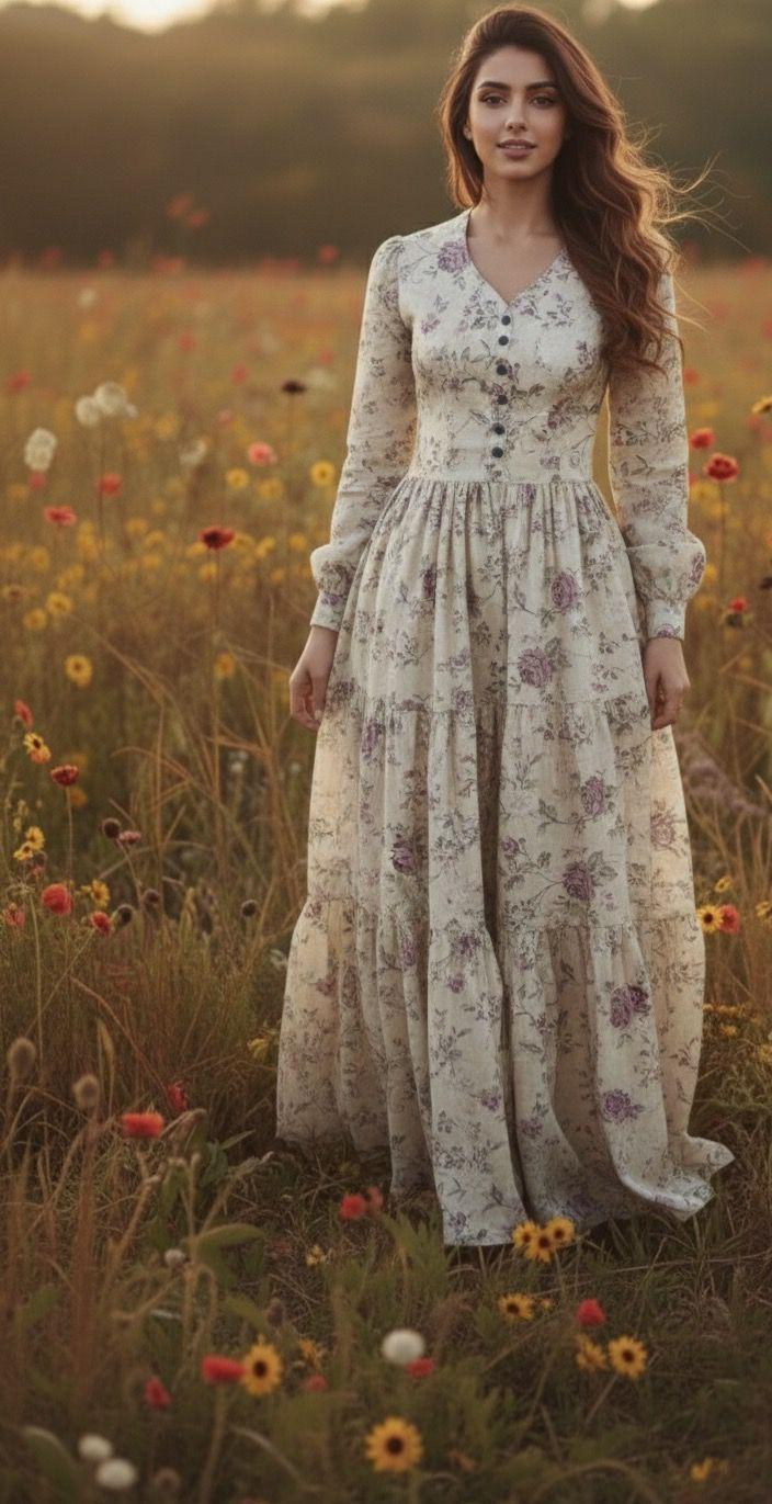 Pure Linen Vintage Meadow Linen Maxi Floral Dress